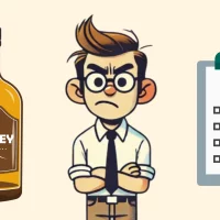 Whiskey bottle, concerned man, medical checklist