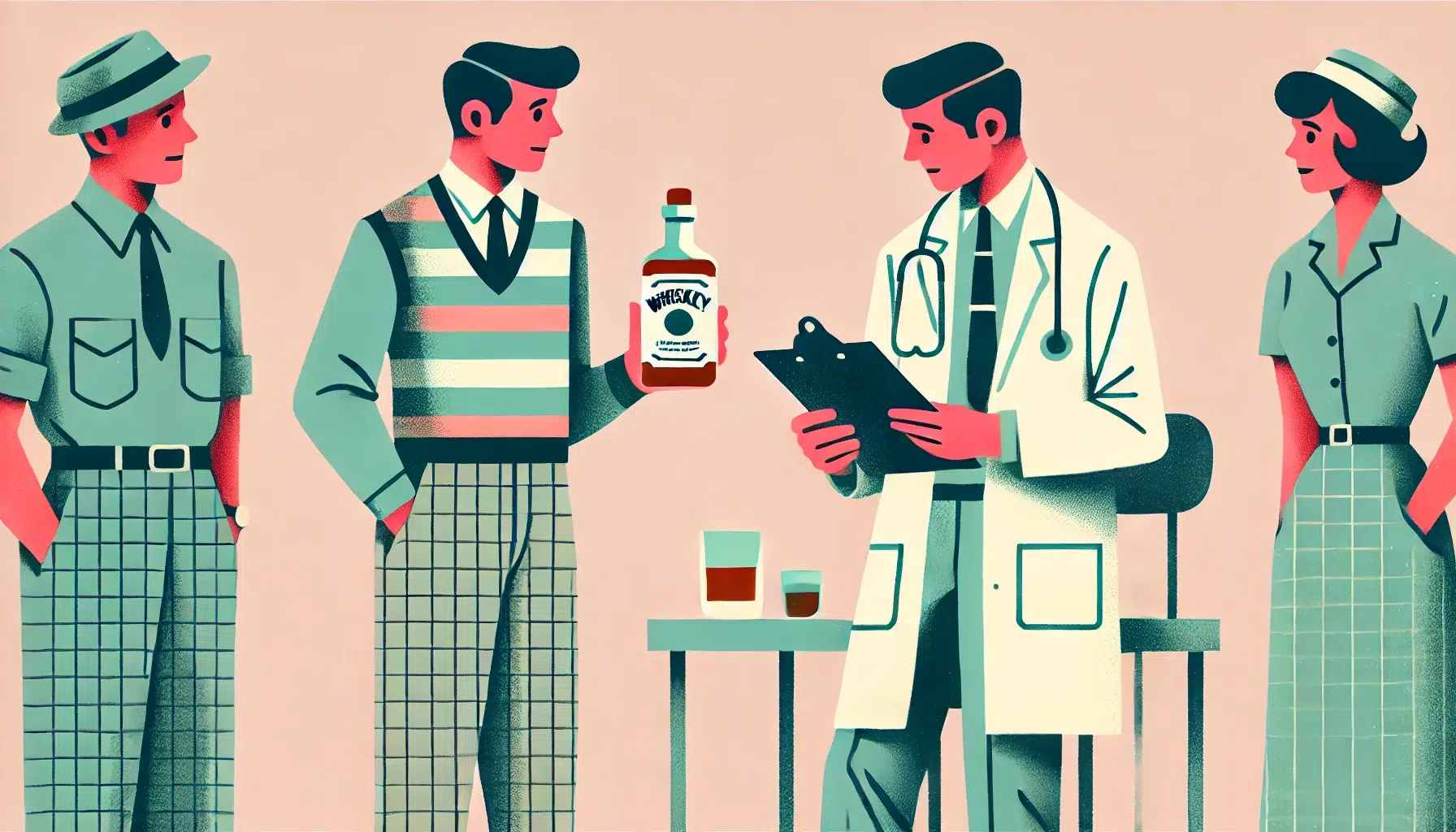 Vintage illustration of people with whiskey and doctor.