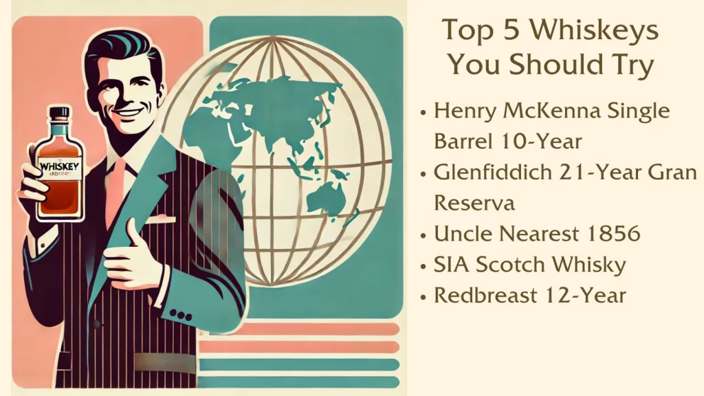 Top 5 whiskeys to try, world map background.