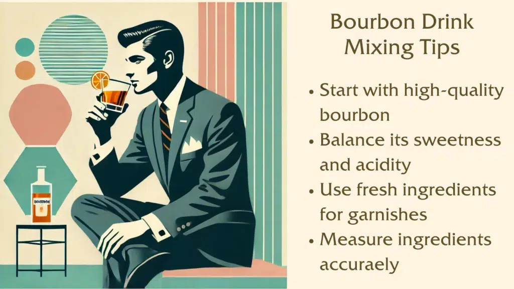 Bourbon mixing tips and illustration of man drinking.