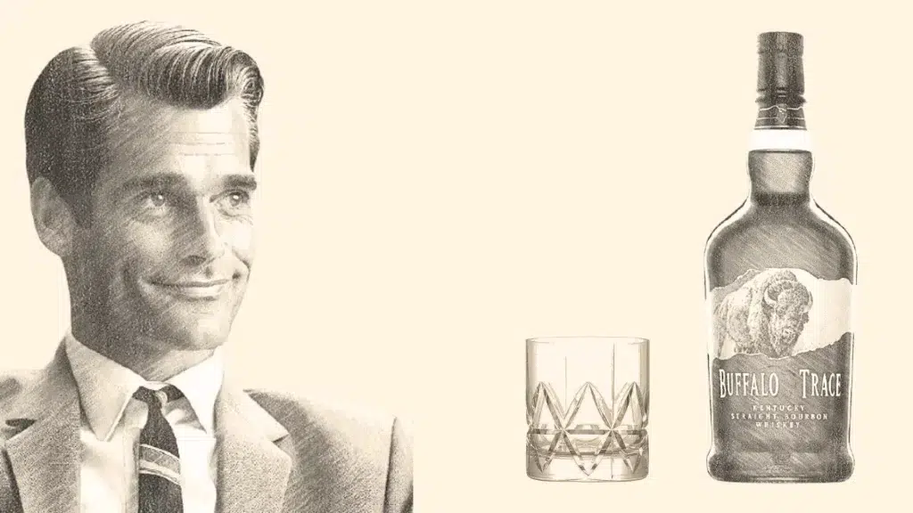 Vintage-style whiskey ad with smiling man and bottle.