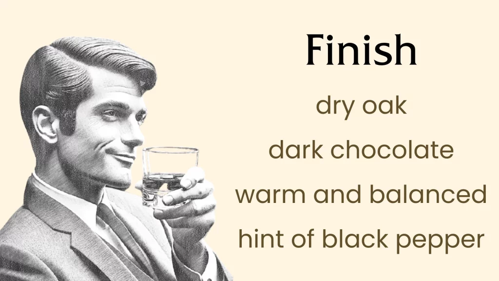 Retro man with whiskey, tasting notes: oak, chocolate, pepper.