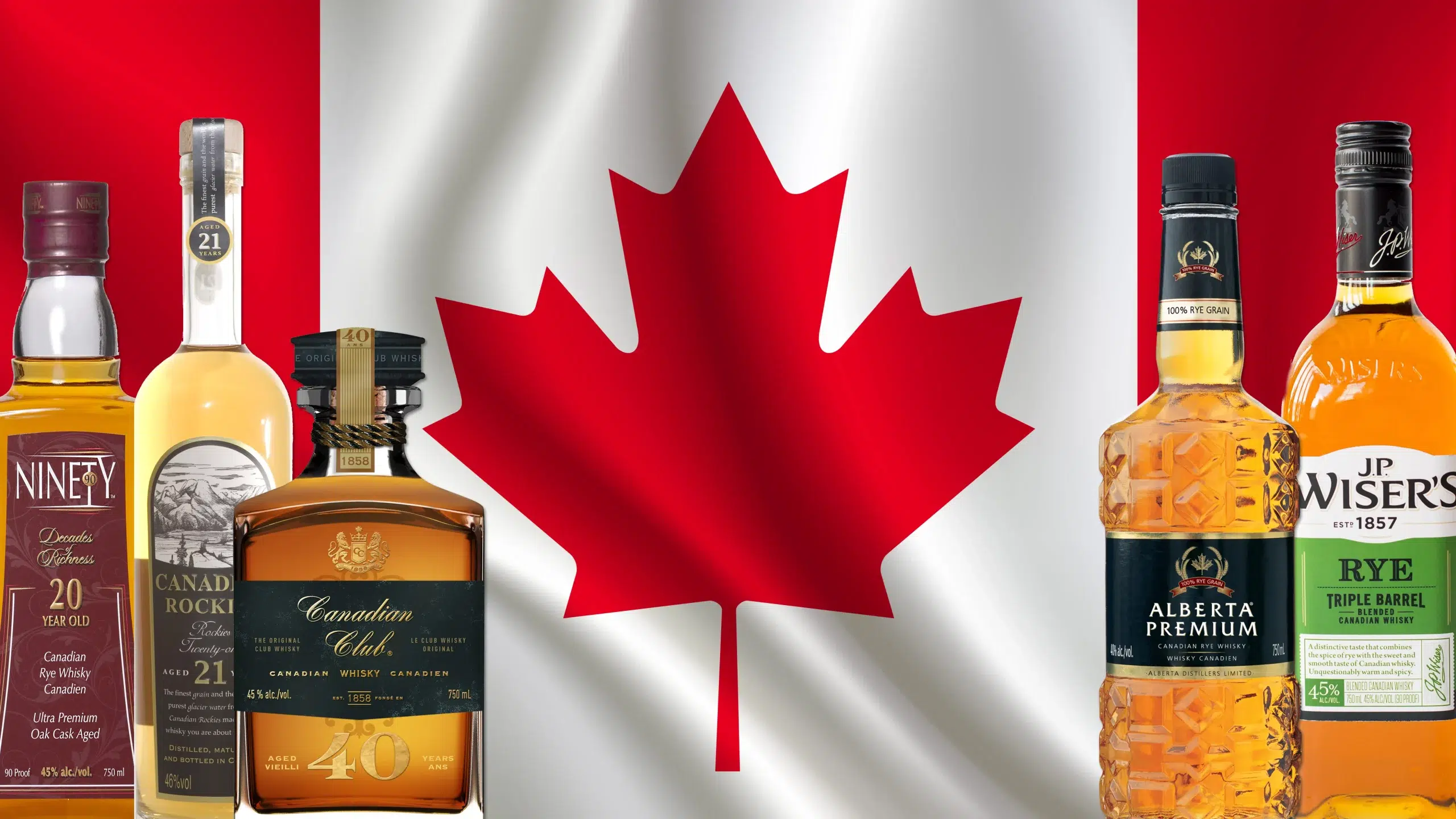 Variety of Canadian whiskies before flag background.