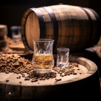 Grain Whiskey with grains on barrel