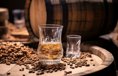 Grain Whiskey with grains on barrel