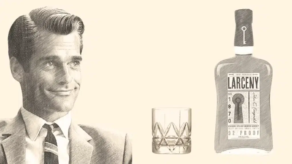 Vintage-style man smiling at bottle of Larceny whiskey.