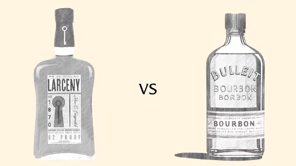 Comparison of two bourbon whiskey bottles. Larceny and Bulleit.