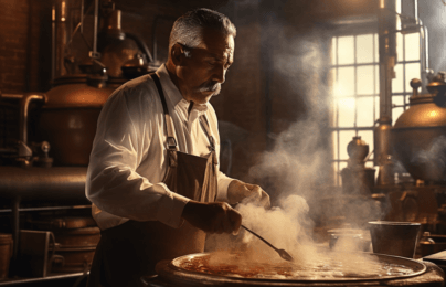 Master distiller makes bourbon in his distillery