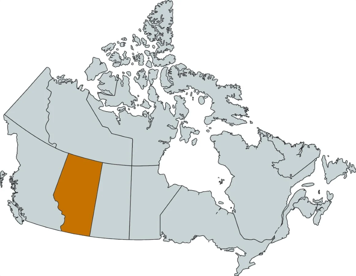 Simplified map of Canada highlighting Alberta region in orange.