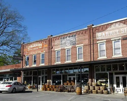 Historic buildings in Lynchburg town square with storefronts.