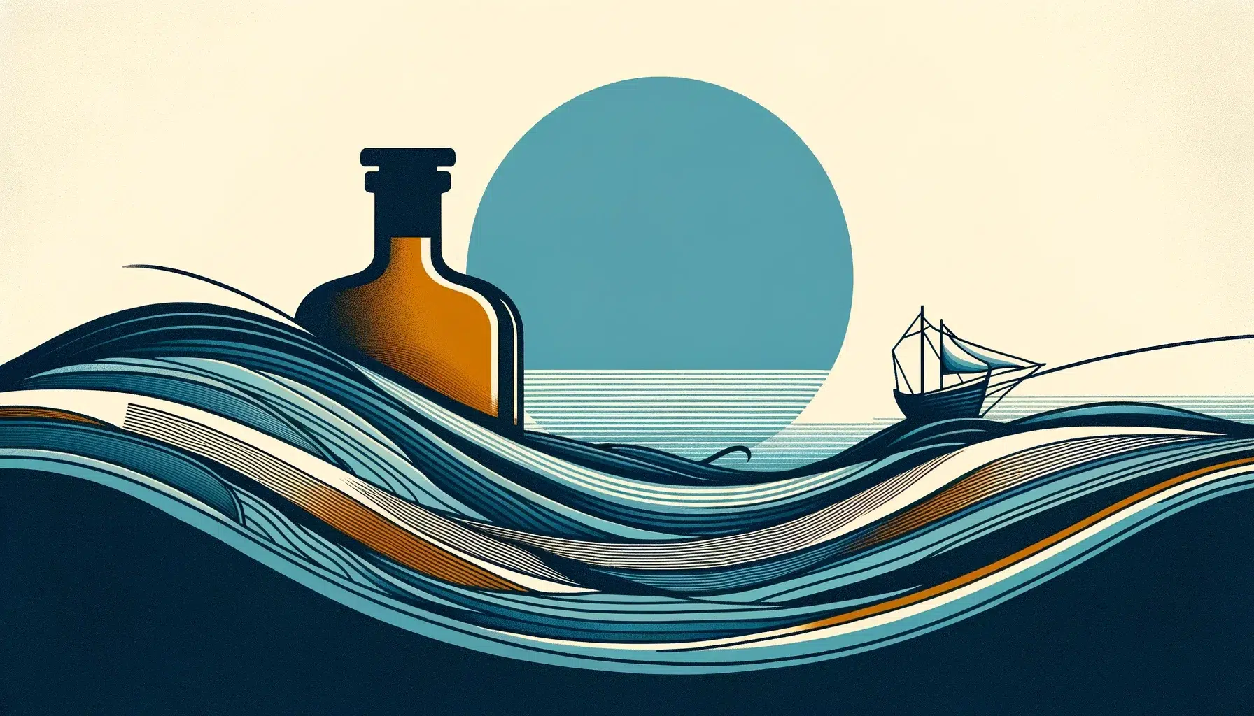 Stylized ocean waves with bottle and ship at sunset.