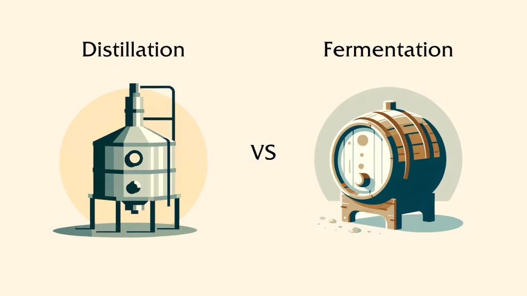 Distillation apparatus versus fermentation barrel illustration.