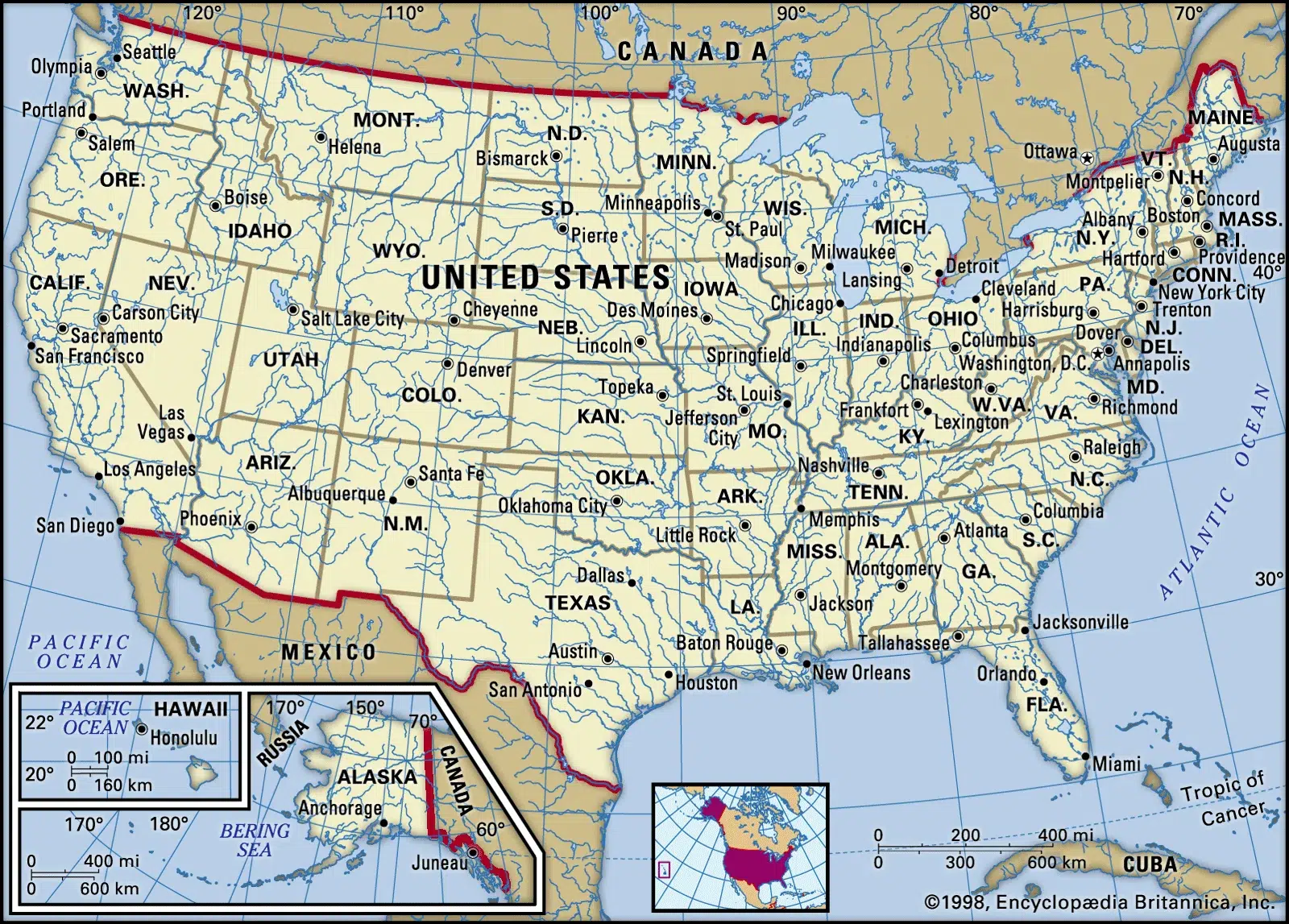Detailed map of the United States with cities and states.