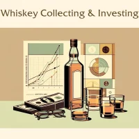 Illustration of whiskey investing with bottle, glasses, and charts.