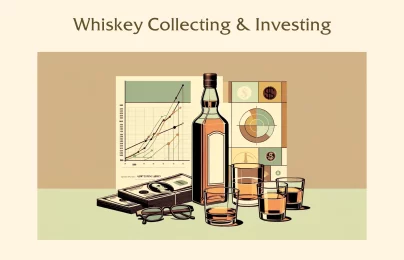 Illustration of whiskey investing with bottle, glasses, and charts.