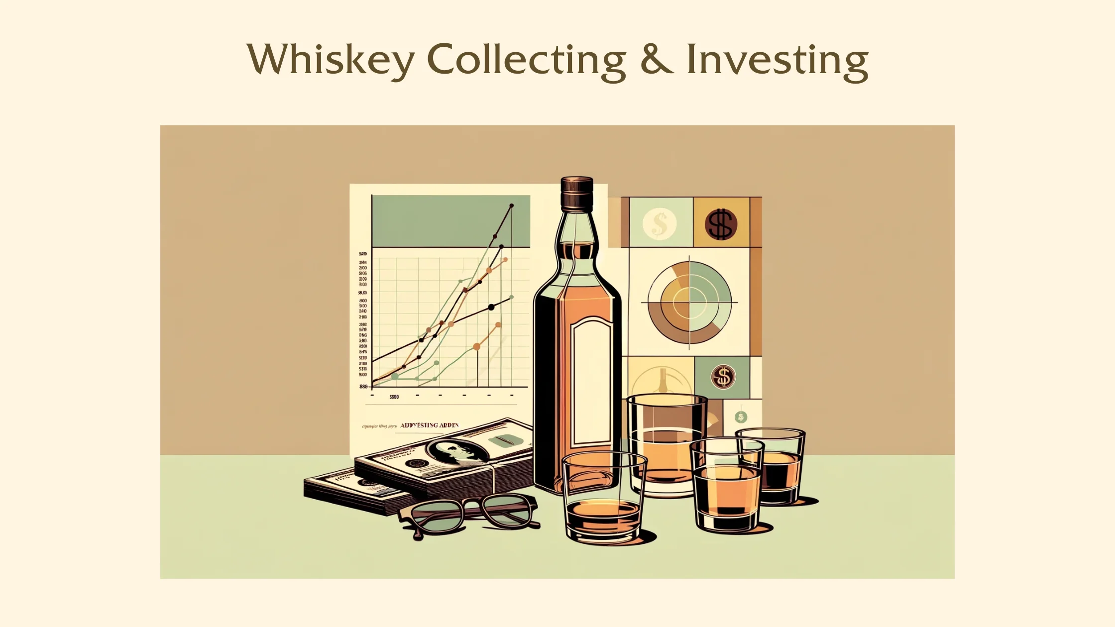 Illustration of whiskey investing with bottle, glasses, and charts.