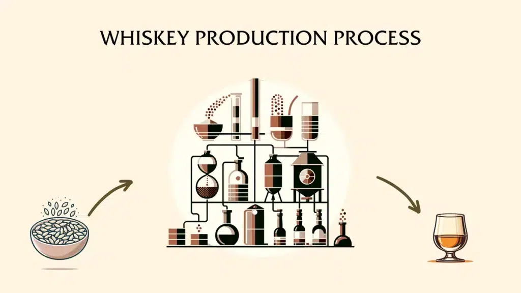 Illustration of whiskey distillation and production process.
