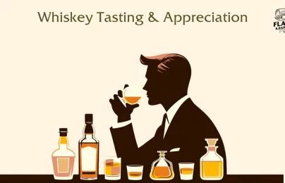 Silhouette of man tasting whiskey with multiple bottles.