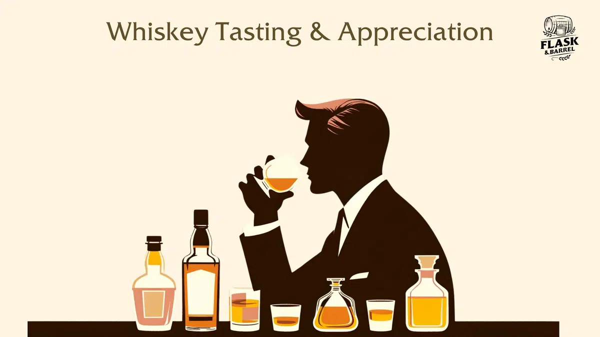 Silhouette of man tasting whiskey with multiple bottles.