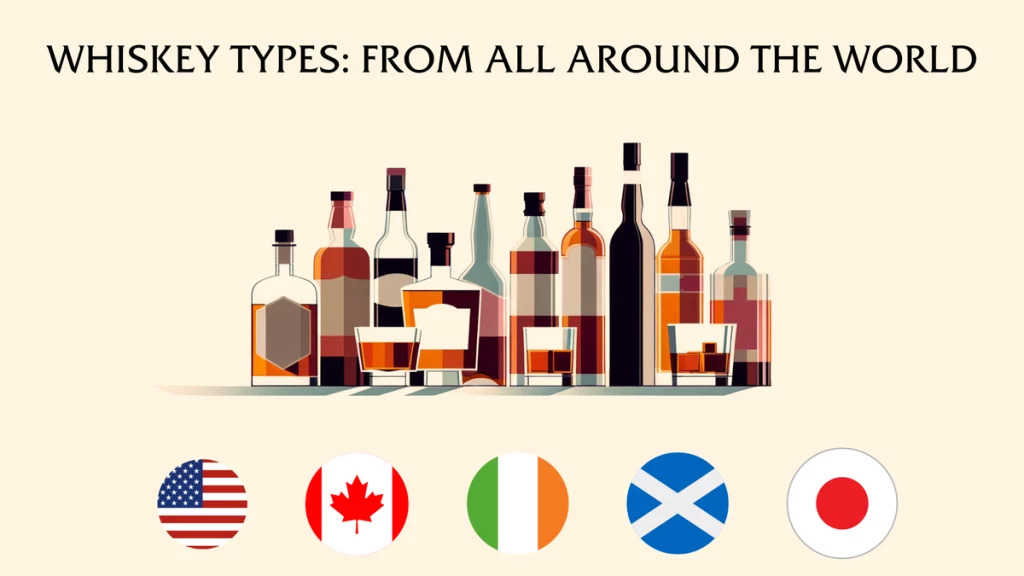 Diverse whiskey bottles and glasses with international flags.