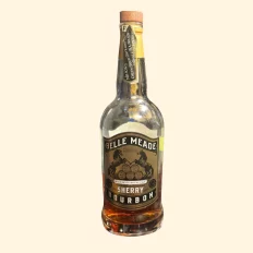 Belle Meade Sherry Bourbon whiskey bottle on beige background.
