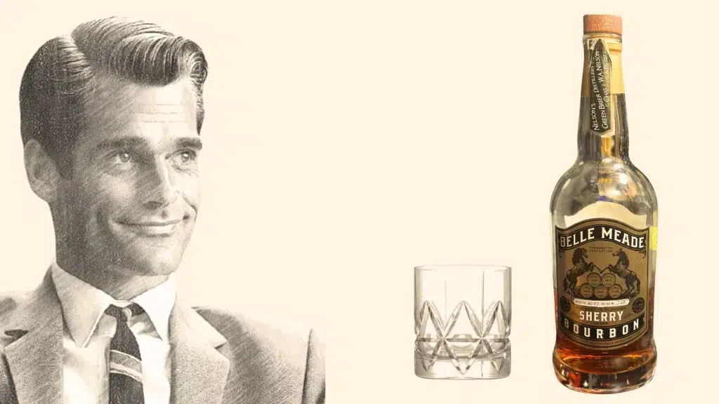 Retro man illustration, Belle Meader sherry bourbon, and empty glass.