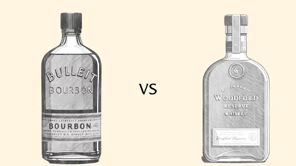 Bulleit and Woodford Reserve whiskey bottles comparison.