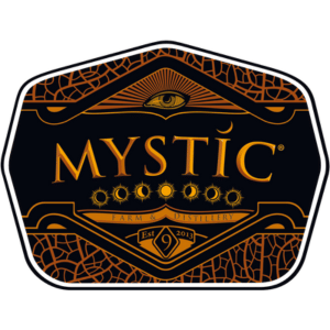 Mystic Farm Distillery logo with eye and intricate patterns.