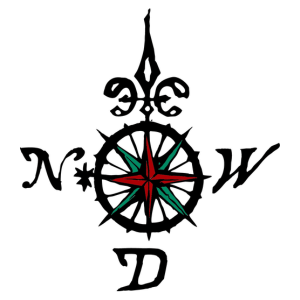 Decorative compass rose with cardinal directions.
