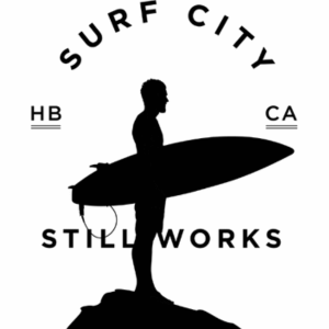 Surfer silhouette with board, Surf City Stillworks logo.
