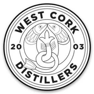 West Cork Distillers logo with fish and snake emblem.