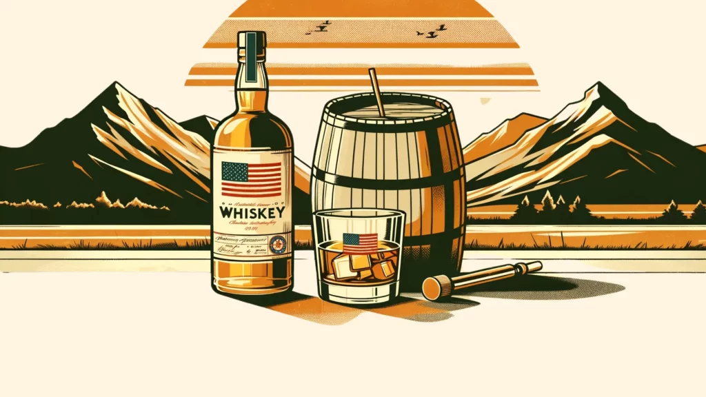 American whiskey bottle with glass and barrel, mountain backdrop.