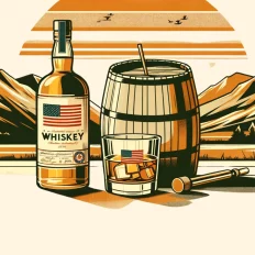 American whiskey bottle with glass and barrel, mountain backdrop.