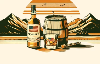 American whiskey bottle with glass and barrel, mountain backdrop.