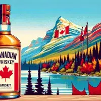 Canadian whiskey bottle with scenic mountainous backdrop.
