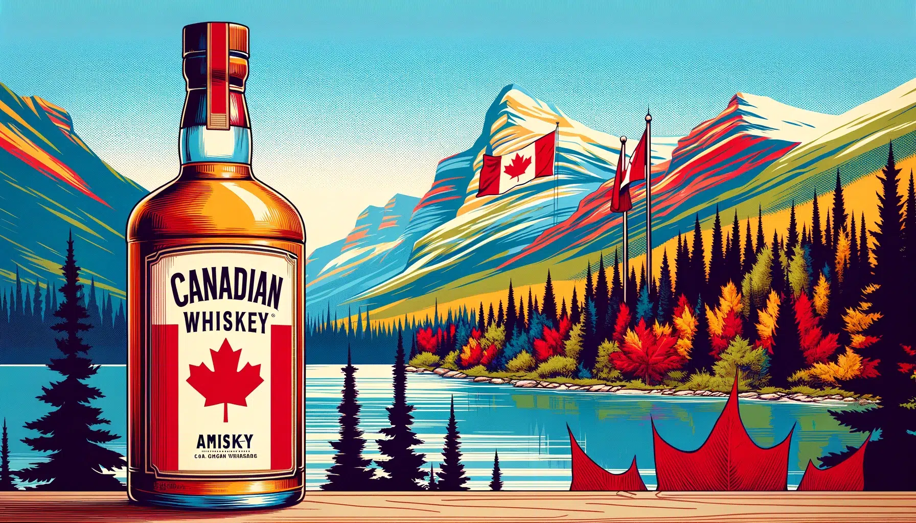 Canadian whiskey bottle with scenic mountainous backdrop.