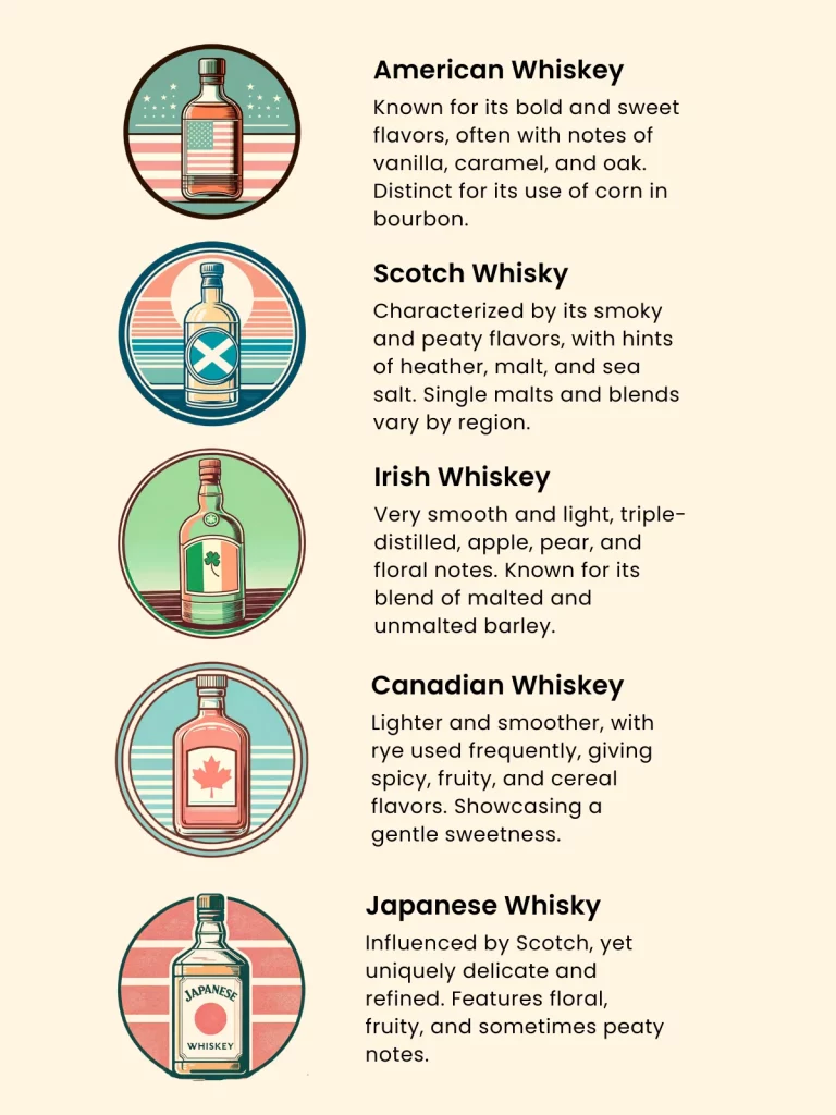 Infographic comparing American, Scotch, Irish, Canadian, and Japanese whiskey styles.