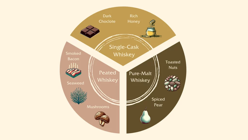 Whiskey flavor profile chart with food pairings illustration.