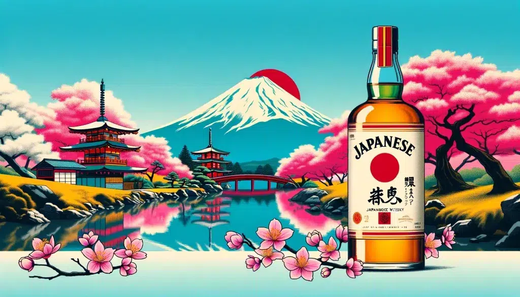 Japanese whiskey with Mount Fuji and cherry blossoms illustration