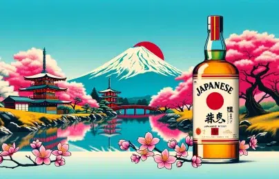 Japanese whiskey with Mount Fuji and cherry blossoms illustration