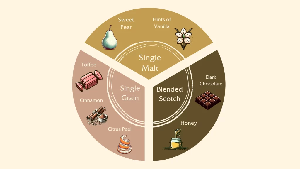 Scotch whisky flavor profile chart with tasting notes.
