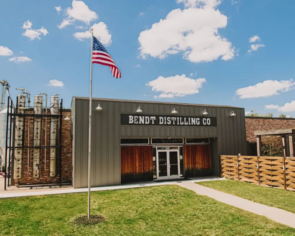 Bendt Distilling Co. entrance with American flag.