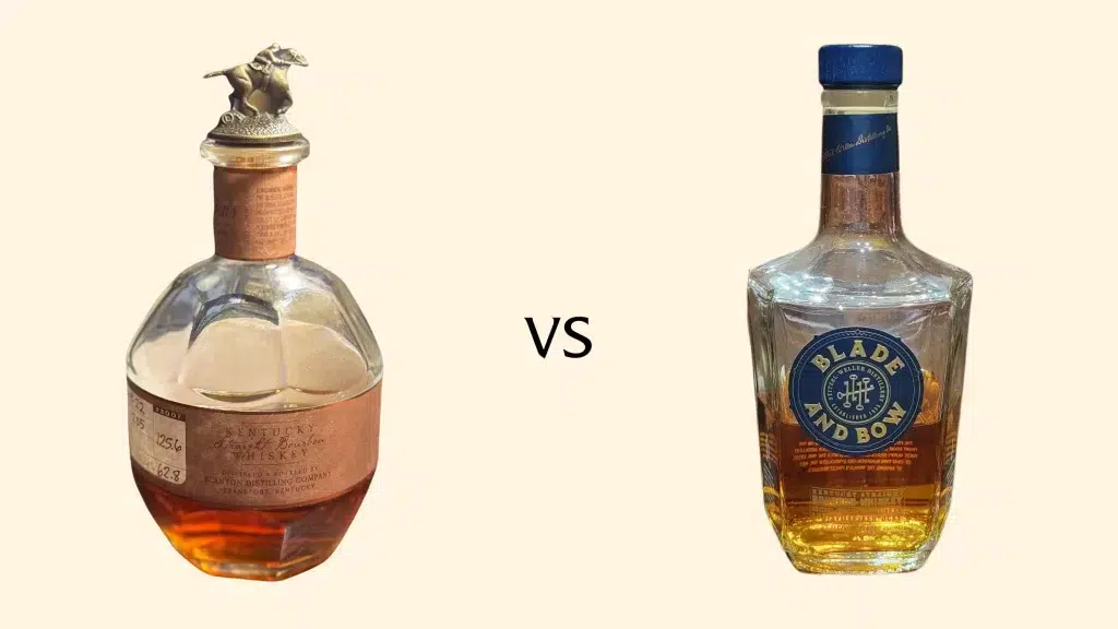 Two bourbon whiskey bottles comparison - Blanton's Straight From The Barrel vs Blade and Bow