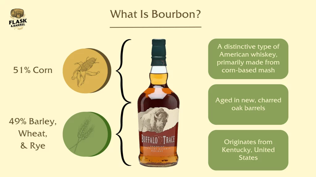 Educational bourbon whiskey infographic with composition and origin.