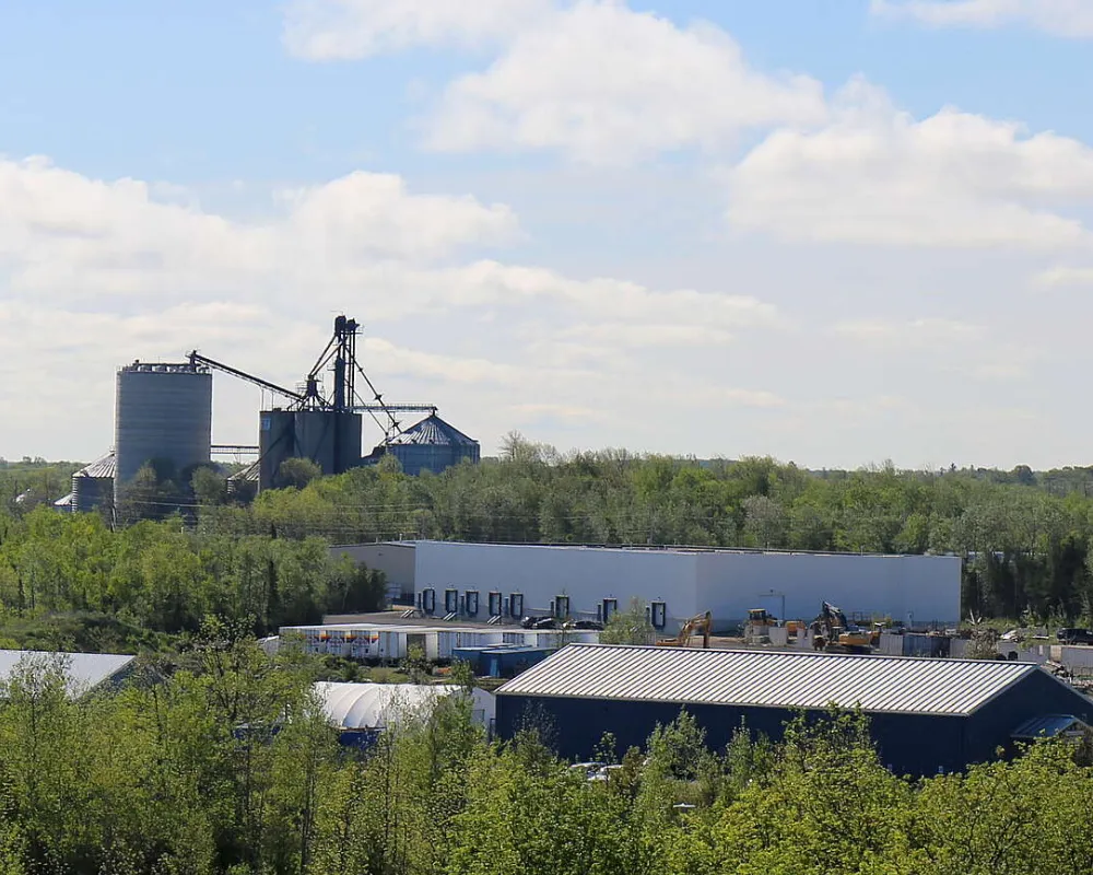 Industrial site with silos and warehouses surrounded by trees