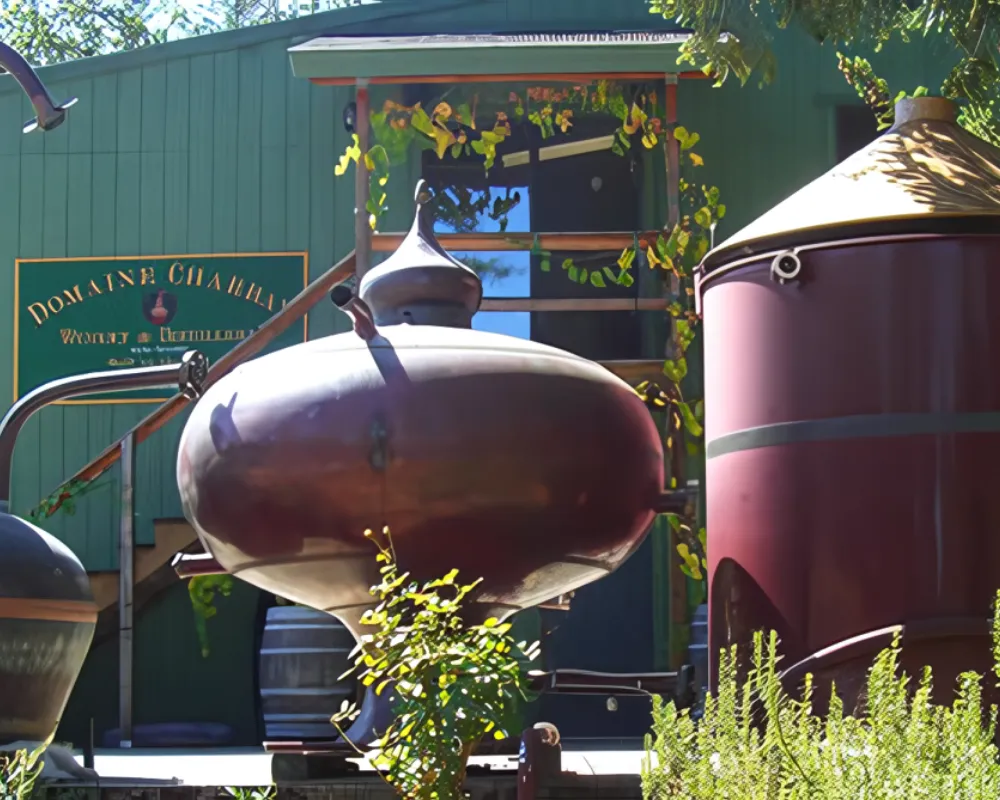 Distillery copper stills and fermentation tanks at winery.