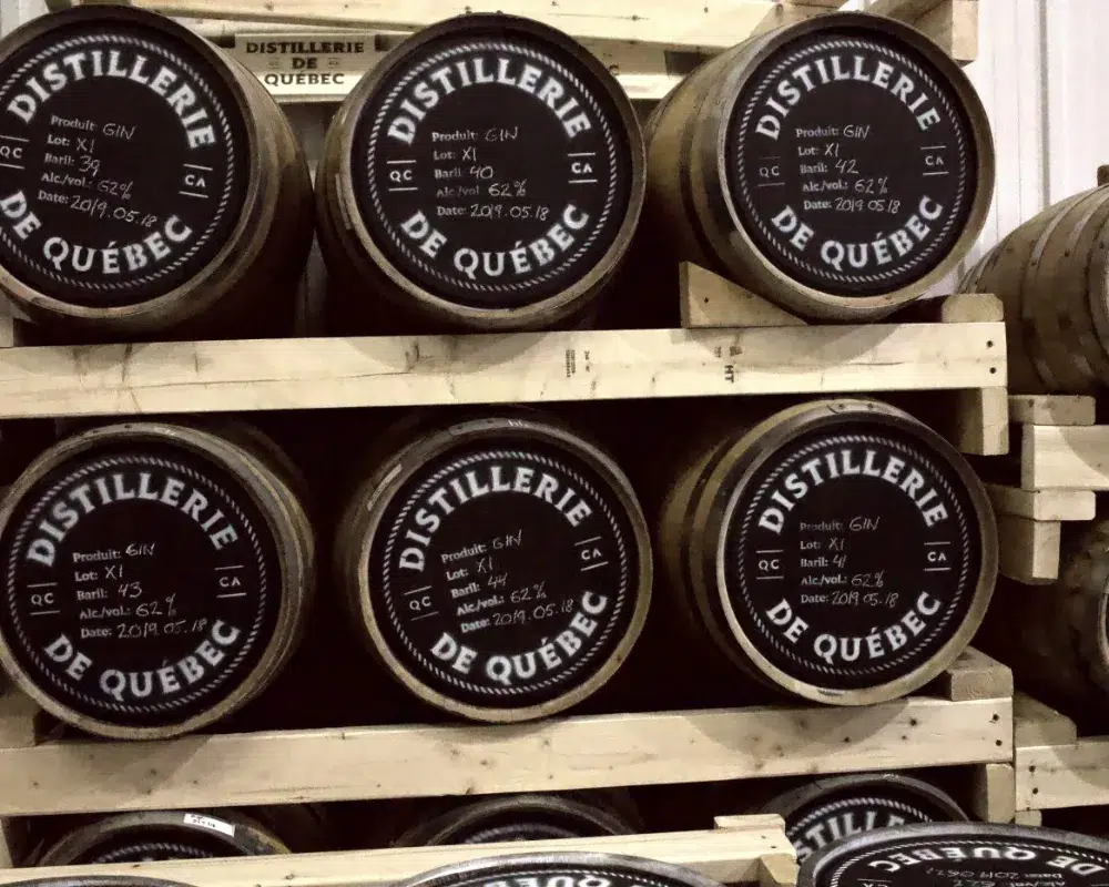 Stacked gin barrels in a distillery.