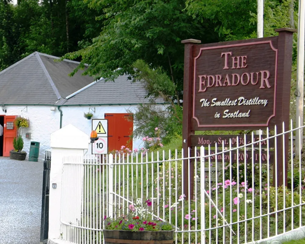 Edradour Distillery entrance sign in Scotland