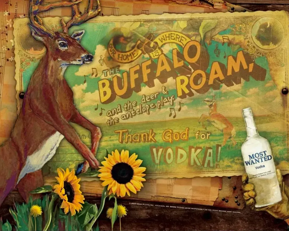Vintage poster with deer, sunflowers, and vodka bottle.