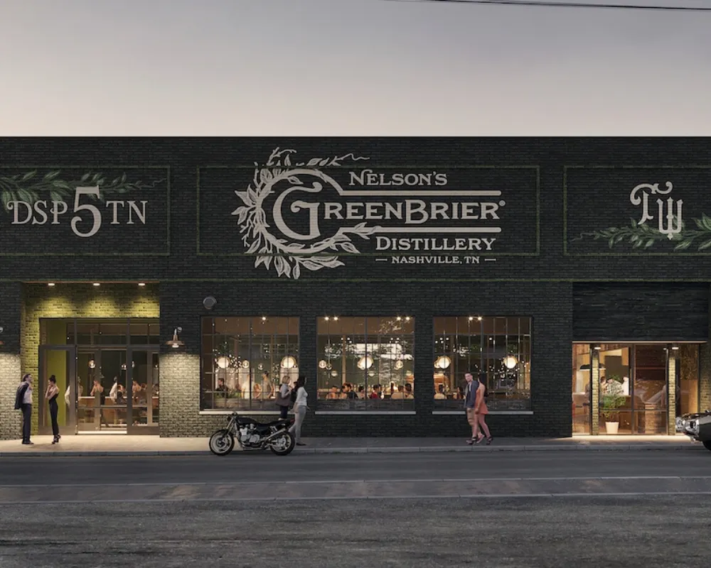 Greenbrier Distillery storefront at dusk, Nashville.